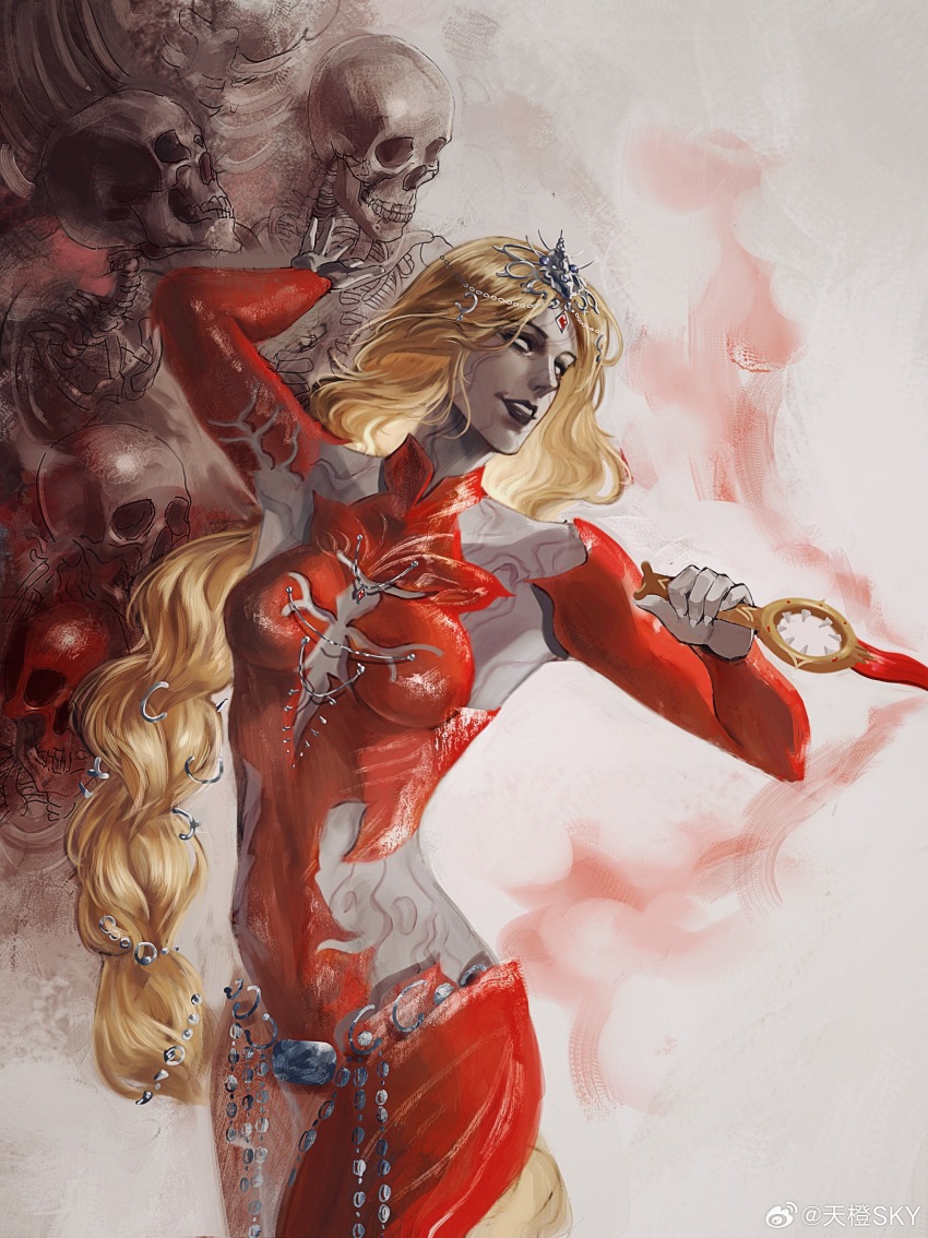 1girl absurdres baldur&#039;s_gate baldur&#039;s_gate_3 black_lips blank_eyes blonde_hair bodysuit braid cleavage_cutout clothing_cutout collared_bodysuit colored_skin cowboy_shot dagger detached_sleeves dungeons_&amp;_dragons dungeons_&amp;_dragons grey_skin headpiece highres hip_vent holding holding_dagger holding_knife holding_weapon knife long_hair low-braided_long_hair low-tied_long_hair orin_the_red red_bodysuit single_braid skeleton skull skyorange smile solo watermark weapon weibo_watermark white_background
