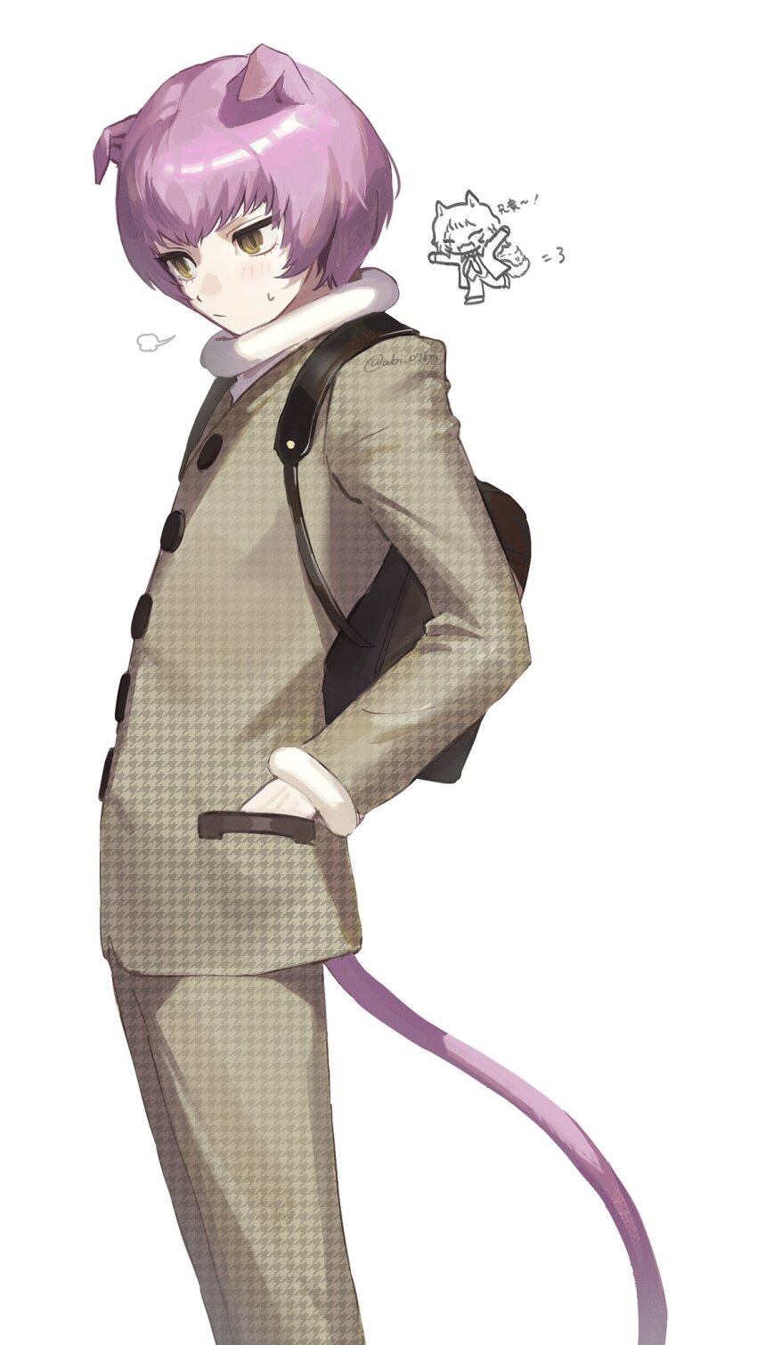 2boys abi_07km animal_ears backpack bag basilio_(metaphor:_refantazio) blush buttons chibi closed_eyes closed_mouth fidelio_(metaphor:_refantazio) hand_in_pocket highres jacket male_focus metaphor:_refantazio multiple_boys open_mouth pants pink_hair puff_of_air scar scar_across_eye scar_on_face simple_background solo_focus standing sweat tail white_background yellow_eyes