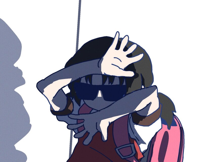 1girl arm_up backpack bag black_hair covered_eyes daisuke_(beatmania) dress expressionless facing_viewer highres kaai_yuki long_hair low_twintails no_mouth pan_(ryu) parody pink_bag pose_imitation puffy_short_sleeves puffy_sleeves randoseru red_dress shadow shirt short_sleeves sidelighting solo sunglasses twintails upper_body vocaloid white_background white_shirt