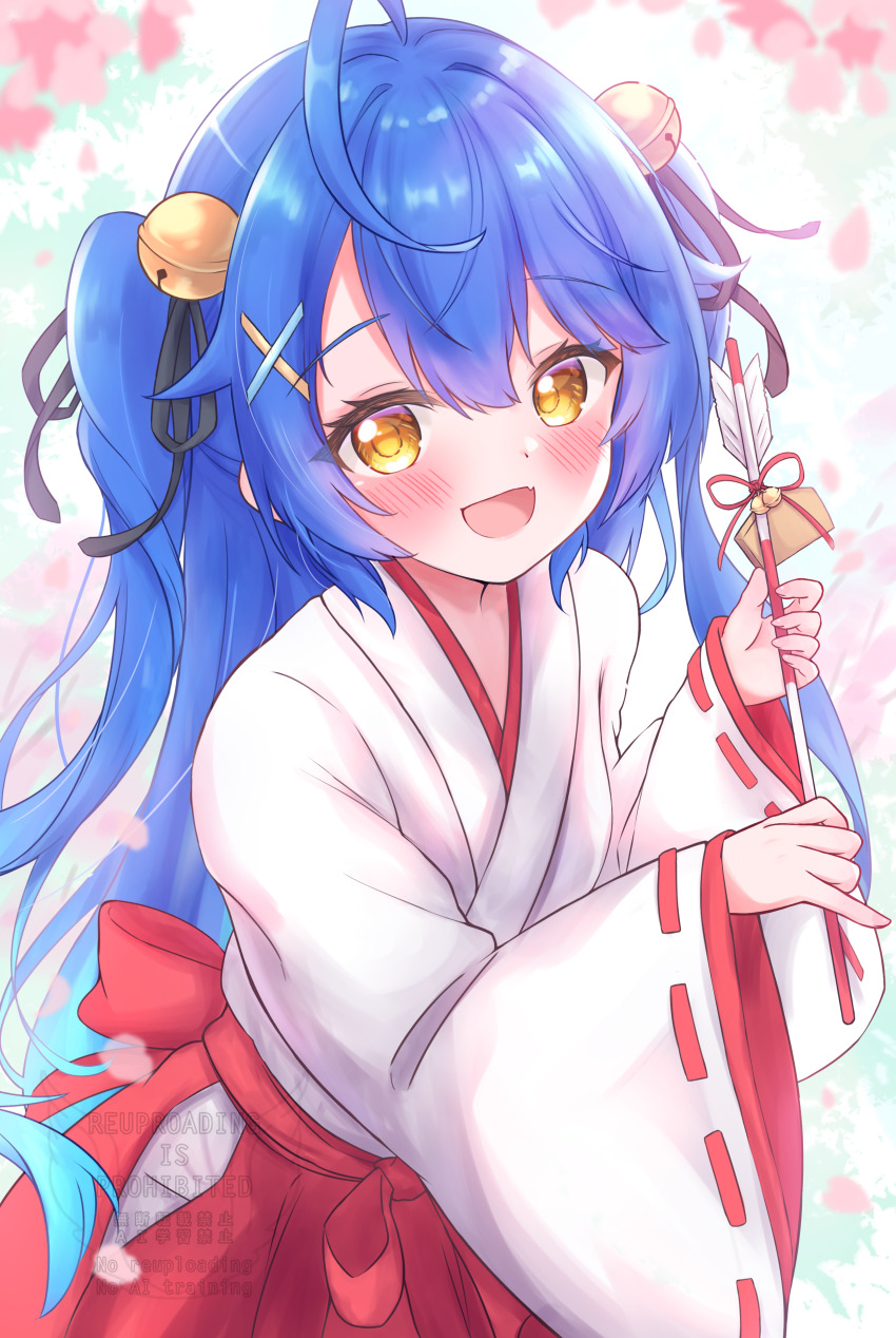 absurdres ahoge amamiya_kokoro bell blue_hair blush fang hair_bell hair_between_eyes hair_ornament hair_ribbon happy highres japanese_clothes jingle_bell looking_at_viewer matcha_november miko mini_wings new_year nijisanji open_mouth ribbon skin_fang two_side_up virtual_youtuber wings x_hair_ornament yellow_eyes
