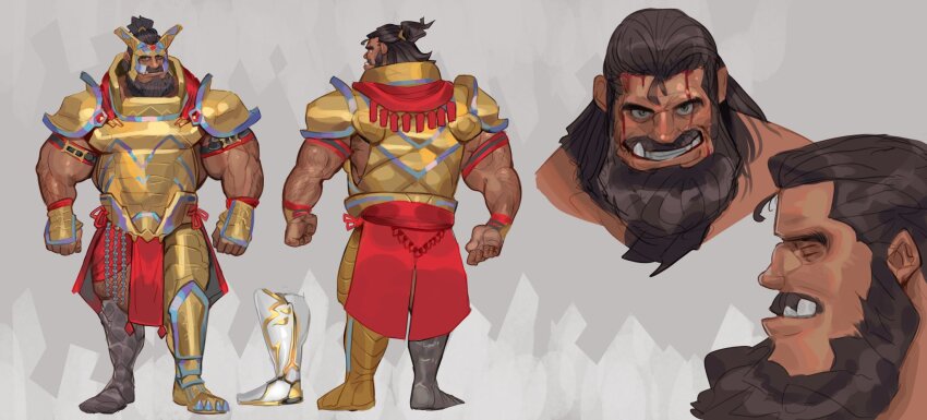 1boy armor arms_at_sides bara barod_(theorcbard) beard blood blood_on_face brown_hair reference_sheet chivo_(kalchivo) commission cropped_shoulders dark-skinned_male dark_skin multiple_expressions facial_hair from_behind full_beard full_body gladiator gold_armor grin highres knight large_pectorals long_beard looking_at_viewer male_focus mature_male multiple_views muscular muscular_male mustache orc original pectorals pelvic_curtain profile prosthesis prosthetic_leg second-party_source smile sparse_arm_hair standing stomach thick_beard thick_eyebrows thick_mustache tusks