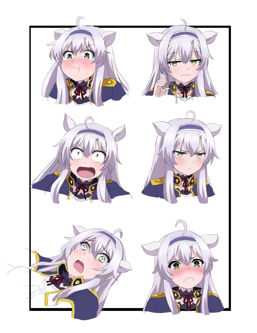 10s 1girl absurdres ahoge alzano_school_uniform angry blush border capelet explosion green_eyes hairband highres hu_sea long_hair multiple_views nose_blush open_mouth pout rokudenashi_majutsu_koushi_to_akashic_record school_uniform silver_hair sistine_fibel smug surprised tears wavy_mouth