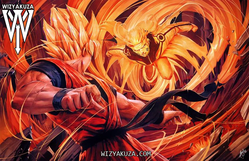 2boys artist_name blonde_hair crossover dougi dragon_ball dragonball_z forehead_protector headband male_focus manly multiple_boys muscular naruto_(series) naruto_shippuuden signature son_goku spiked_hair super_saiyan uzumaki_naruto watermark web_address wizyakuza wristband