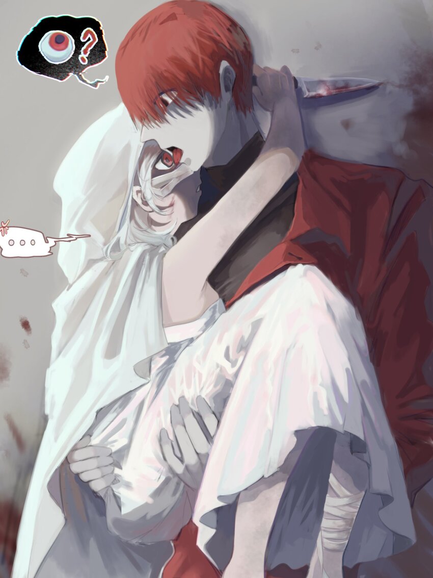 ... 1boy 1girl bandaged_leg bandages carrying coat commentary_request dress grey_background heroine_(homicipher) hetero highres homicipher korean_commentary licking licking_eye looking_at_another mr._scarletella princess_carry raincoat red_coat red_eyes red_hair ryeong120 short_hair spoken_ellipsis tongue tongue_out white_dress white_hair white_raincoat