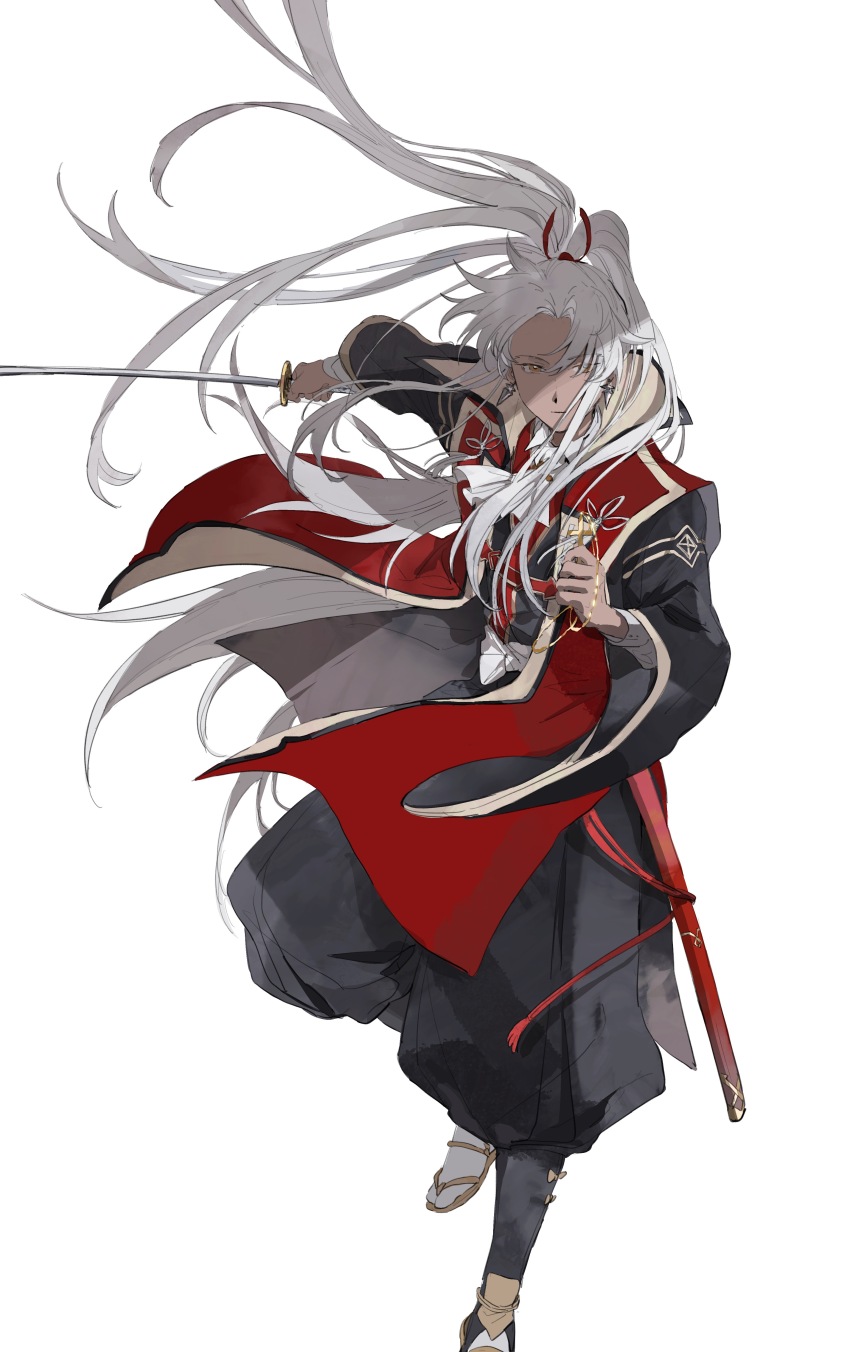 1boy absurdres amakusa_shirou_(fate) amakusa_shirou_(third_ascension)_(fate) ascot commentary_request cross dark-skinned_male dark_skin earrings fate/grand_order fate_(series) full_body highres holding holding_cross japanese_clothes jewelry jinbaori kataginu katana long_hair looking_at_viewer male_focus miike_tenta_mitsuyo_(fate) mimulishizi ponytail ribbon simple_background solo sword very_long_hair weapon white_ascot white_background white_hair wide_sleeves yellow_eyes