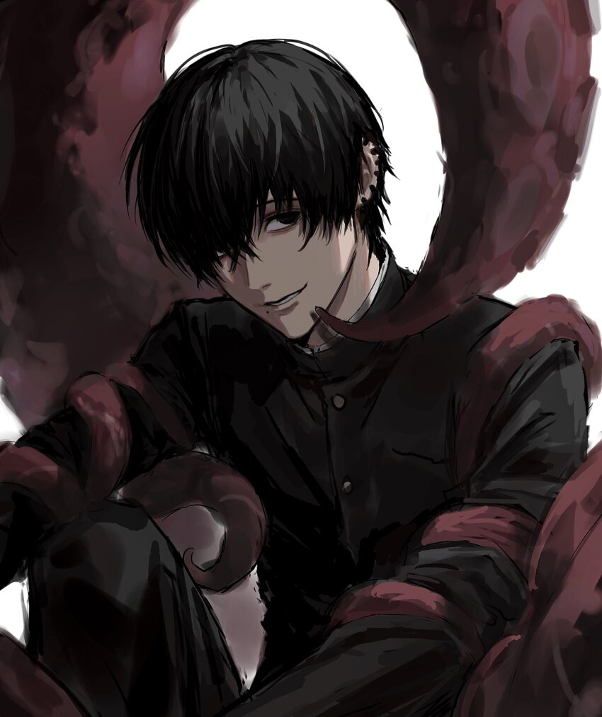 1boy black_eyes black_jacket black_pants chainsaw_man ear_piercing earrings feet_out_of_frame gakuran hair_between_eyes highres jacket jewelry long_sleeves looking_to_the_side male_focus multiple_earrings octopus pants piercing school_uniform short_hair sideways_glance simple_background sitting solo sso_s tentacles white_background yoshida_hirofumi