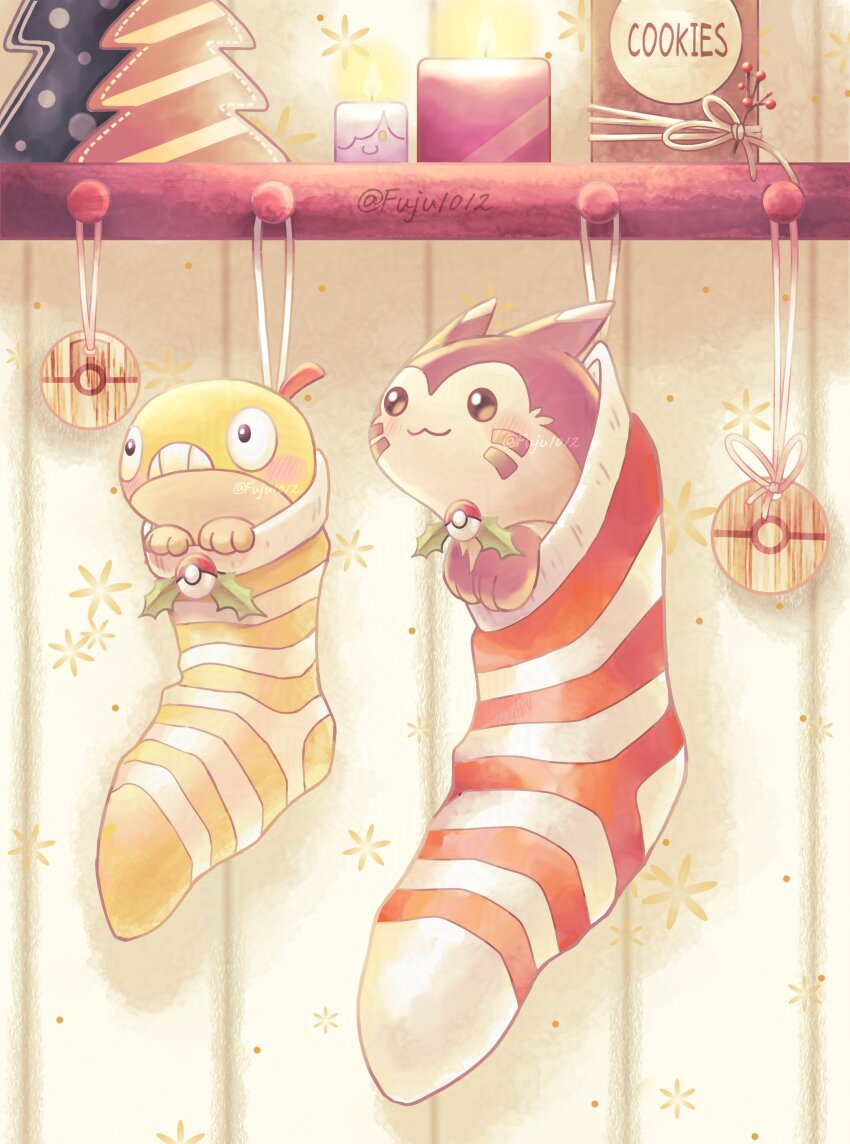 2others :3 absurdres candle christmas christmas_card christmas_stocking cookie_jar fuju1012 furret gen_2_pokemon gen_5_pokemon hanging_from_clothesline highres indoors litwick multiple_others nintendo pokemon pokemon_(creature) scraggy signature