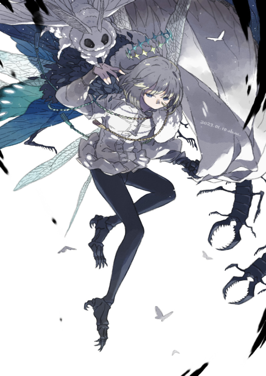 1boy arthropod_boy asymmetrical_arms black_pants blanca_(fate) blue_eyes bug butterfly cape centipede commentary dated diamond_hairband dragonfly_wings fate/grand_order fate_(series) full_body fur-trimmed_cape fur_trim grey_hair highres insect insect_wings long_sleeves looking_to_the_side male_focus medium_hair moonriver0123 moth multicolored_cape oberon_(fate) oberon_(third_ascension)_(fate) pants shirt sidelocks simple_background solo tassel unworn_headwear white_background white_shirt wings
