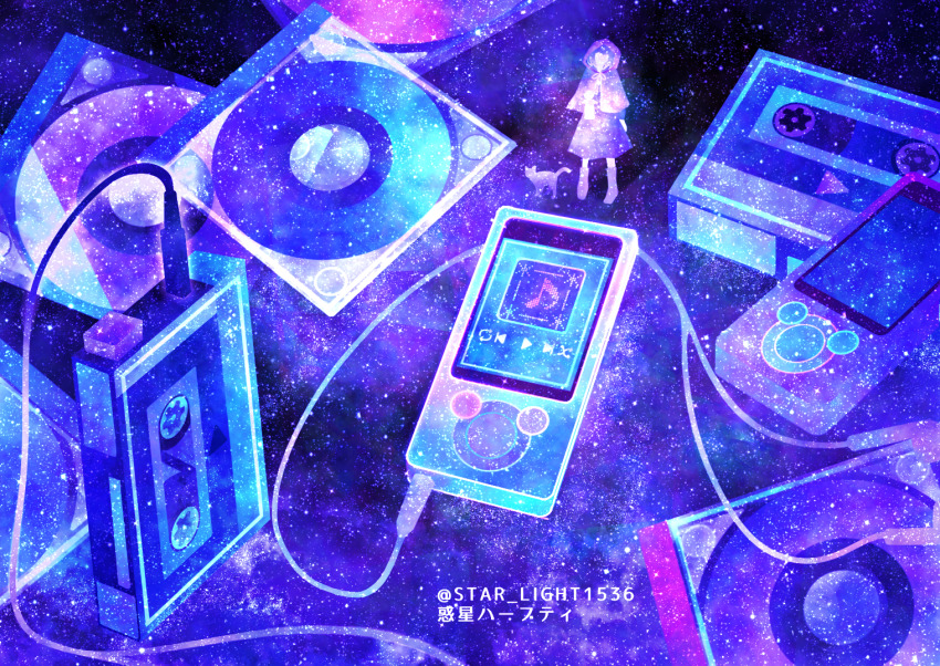 1girl cat cd_case commentary_request company_connection digital_media_player digital_walkman earphones mini_person minigirl musical_note object_focus original purple_theme solo sony standing star_(sky) wakusei_habuti walkman watermark
