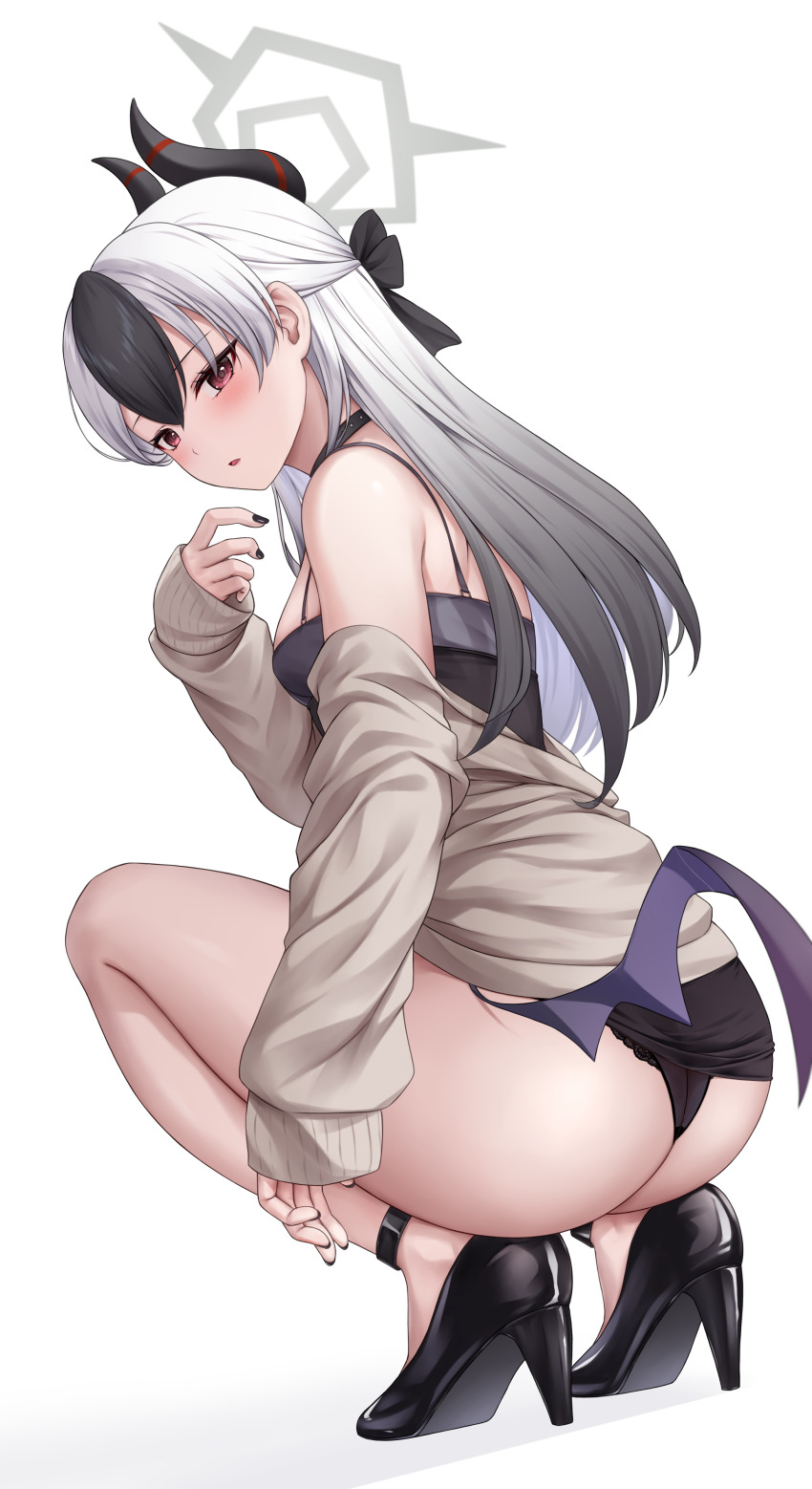 1girl absurdres ass bare_legs black_choker black_dress black_footwear black_hair black_horns black_nails black_panties blue_archive blush breasts brown_jacket chien_zero choker commentary demon_horns demon_wings dress from_behind full_body grey_hair grey_halo hair_between_eyes halo hand_up high_heels highres horns jacket kayoko_(blue_archive) kayoko_(dress)_(blue_archive) long_hair long_sleeves looking_at_viewer multicolored_hair off_shoulder official_alternate_costume panties parted_lips red_eyes short_dress simple_background single_wing sleeveless sleeveless_dress sleeves_past_wrists small_breasts solo squatting streaked_hair thighs underwear white_background wings