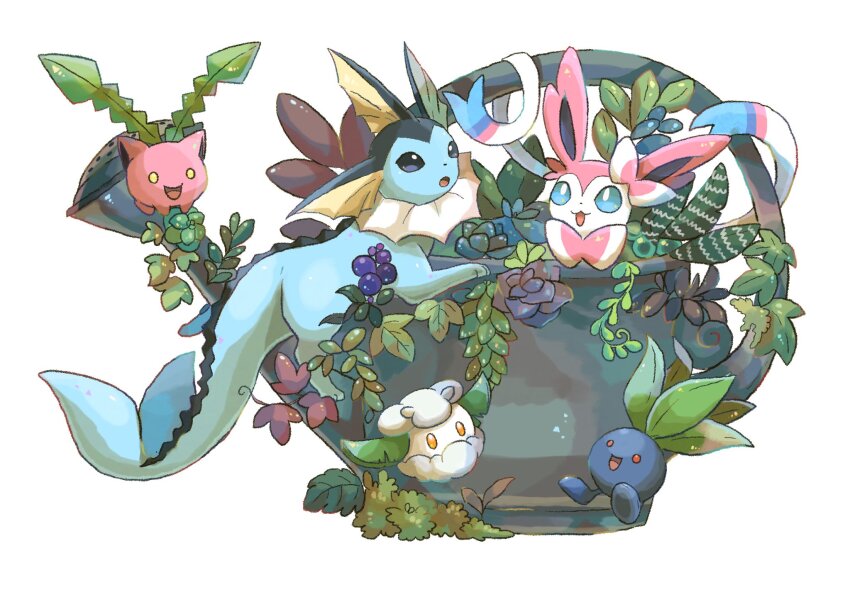 blue_eyes bow commentary cottonee fins flower game_freak gen_1_pokemon gen_2_pokemon gen_5_pokemon gen_6_pokemon head_fins highres hoppip nintendo no_humans oddish open_mouth orange_eyes plant pokemon pokemon_(creature) red_eyes ribbon smile sylveon symbol-only_commentary vaporeon volpecorvo watering_can yellow_eyes