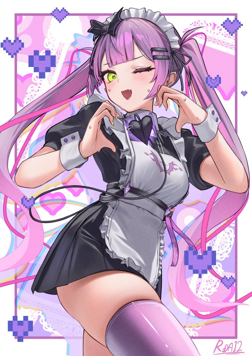 ;d apron black_dress blush commentary_request demon_tail dress fang frills gradient_hair green_eyes hair_ornament hairclip heart heart_hands highres hololive looking_at_viewer maid_apron maid_headdress multicolored_hair nattoushouyu3 one_eye_closed open_mouth pink_thighhighs pleated_dress sidelocks signature skin_fang smile tail thighhighs tokoyami_towa
