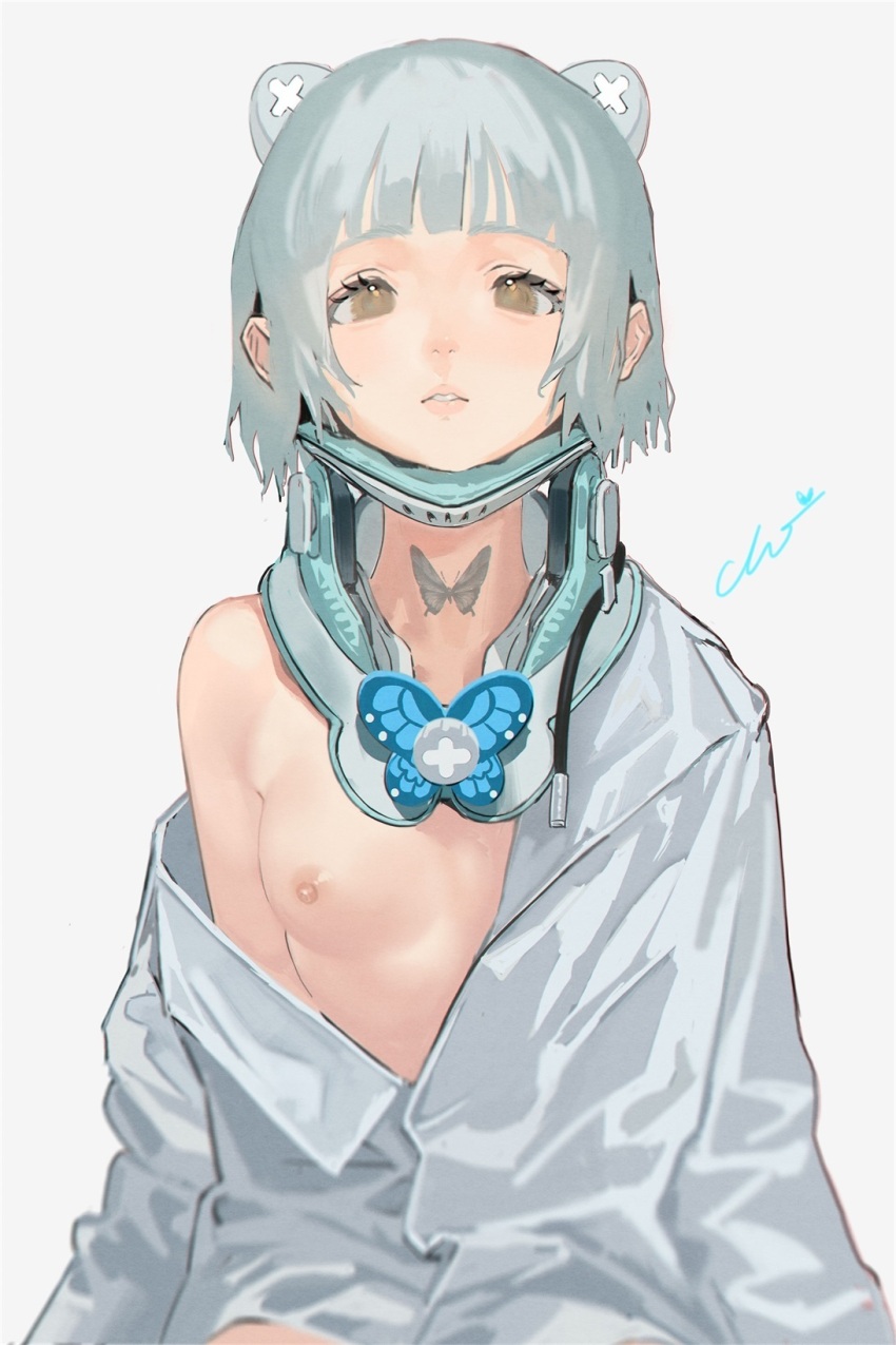 1girl animal_ears blunt_bangs breasts brown_eyes butterfly_tattoo commentary eyelashes grey_background grey_hair highres long_sleeves looking_at_viewer naked_shirt neck_brace neck_tattoo nipples off_shoulder open_clothes original parted_lips shirt short_hair signature simple_background small_breasts solo symbol-only_commentary tattoo upper_body white_shirt xiao_chichi