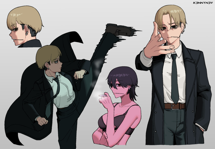 1girl artist_name black_coat black_hair black_necktie black_pants blonde_hair bra chainsaw_man cigarette coat collared_shirt woe_plague_be_upon_ye_(meme) floating_clothes formal_clothes genderswap genderswap_(mtf) grey_background hand_in_pocket high_kick highres holding holding_cigarette k3nnyn3v kicking kishibe_(chainsaw_man) kishibe_(young)_(chainsaw_man) looking_at_viewer looking_back meme motion_lines necktie pants piercing shirt shirt_tucked_in short_hair sideways_glance simple_background smoke smoking stitched_face stitched_mouth stitches suit undercut underwear white_shirt
