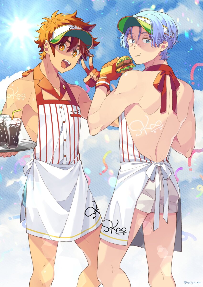 2boys apron back bishounen blue_hair blue_sky burger copyright_name drink drinking_straw food gloves hasegawa_langa highres kyan_reki looking_at_viewer male_focus multiple_boys open_mouth orange_eyes red_gloves red_hair shorts sk8_the_infinity sky smile twitter_username uppi v visor_cap white_shorts