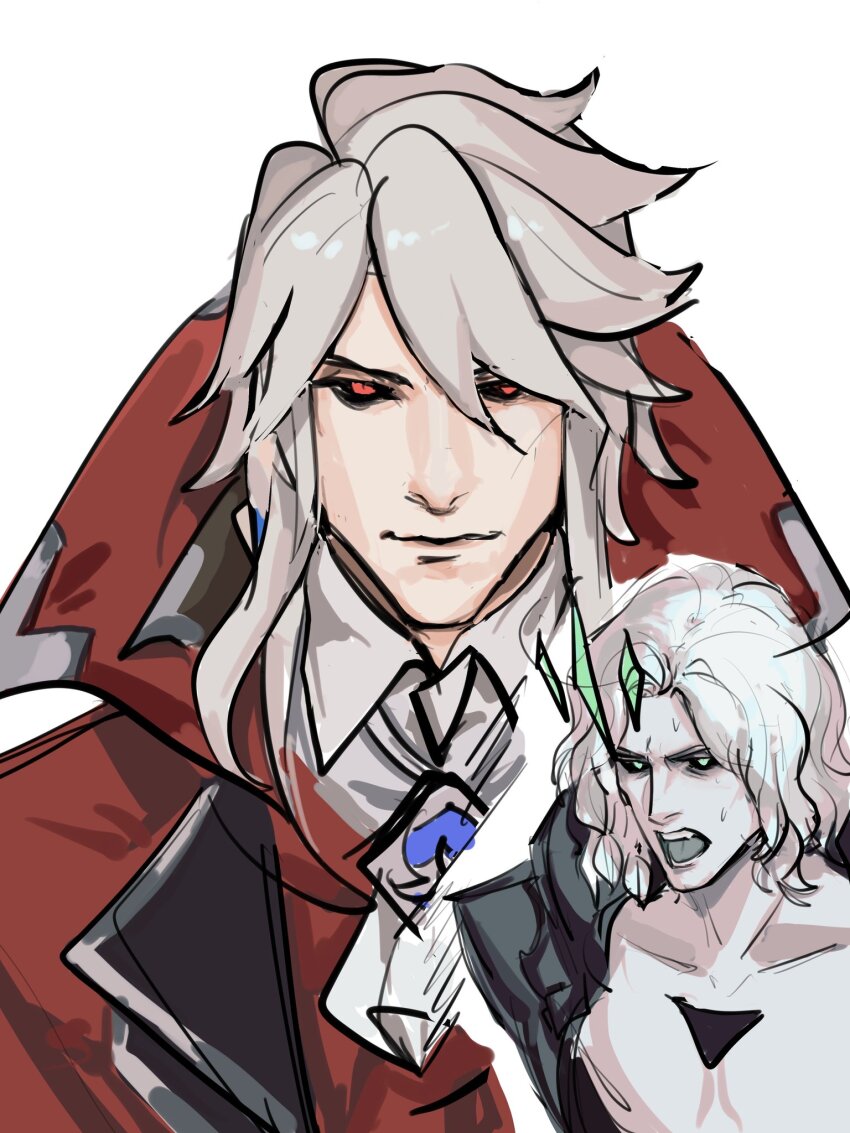 2boys black_sclera closed_mouth collarbone collared_shirt colored_sclera colored_skin green_eyes grey_hair grey_skin hair_between_eyes highres hole_in_chest hole_on_body league_of_legends multiple_boys red_eyes shirt short_hair simple_background smile uncle_and_nephew viego_(league_of_legends) viegoletmefu vladimir_(league_of_legends) white_background white_shirt