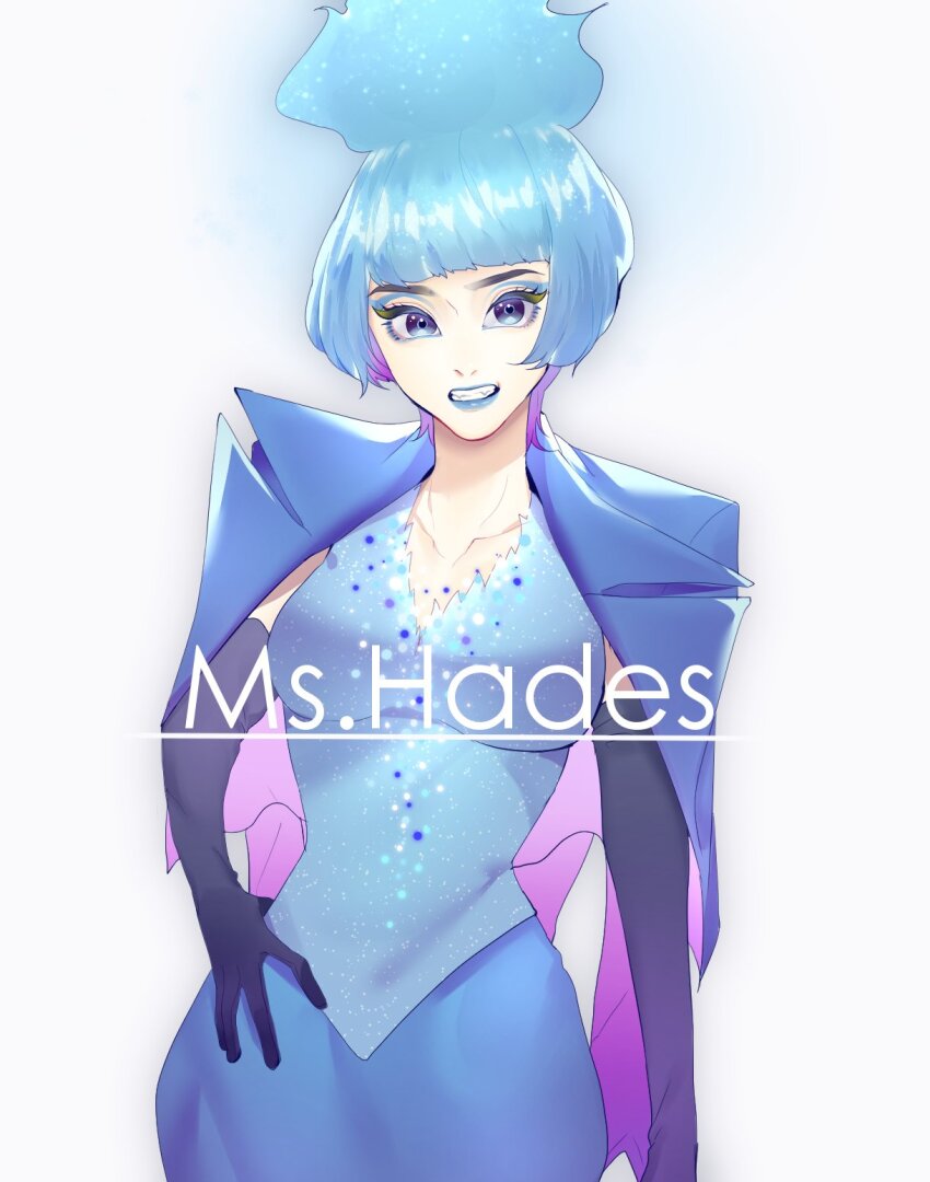 1girl black_gloves blue_fire blue_hair blue_lips character_name disney disneyland fire formal_clothes gloves hades_(disney) hercules_(1997_film) highres hime_cut lipstick long_sleeves looking_at_viewer makeup ms._hades rl10_02 simple_background solo suit