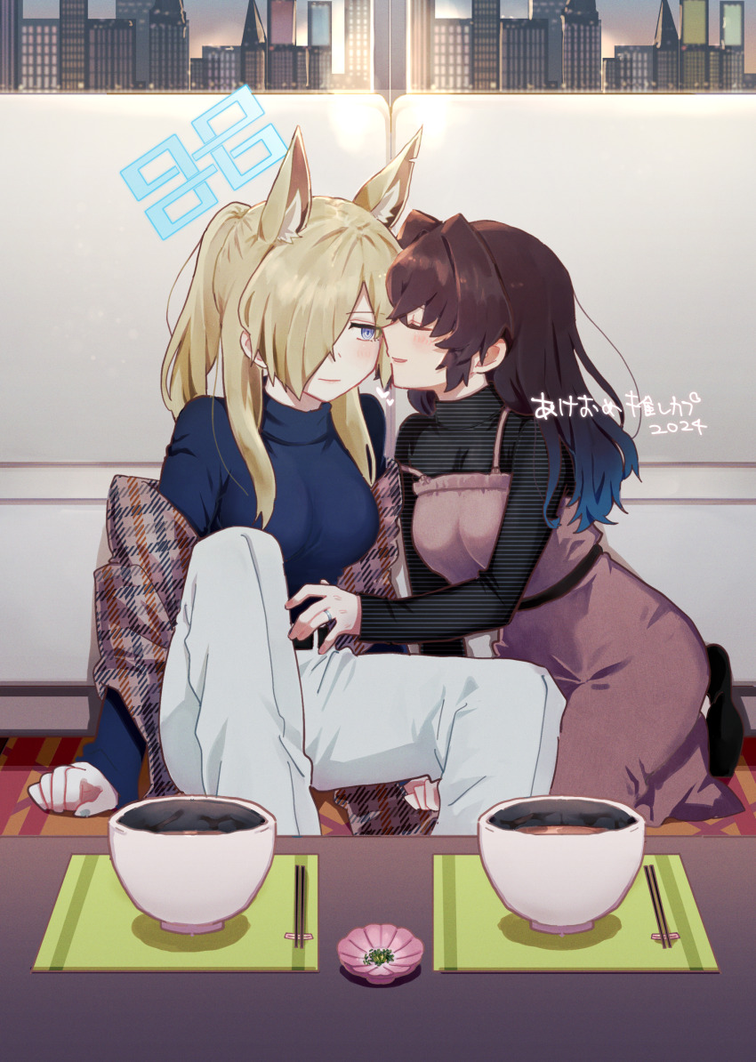 2024 2girls absurdres animal_ear_fluff animal_ears apron black_shirt black_shoes blonde_hair blue_archive blue_eyes blue_halo blue_shirt blush bowl brown_apron brown_hair building chopsticks closed_eyes commentary_request dog_ears dog_girl female_sensei_(blue_archive) female_sensei_(blue_archive)_(senta_(ysk_0218)) hair_over_one_eye halo highres kanna_(blue_archive) long_hair long_sleeves multiple_girls open_mouth pants sensei_(blue_archive) senta_(ysk_0218) shirt shoes smile white_pants yuri
