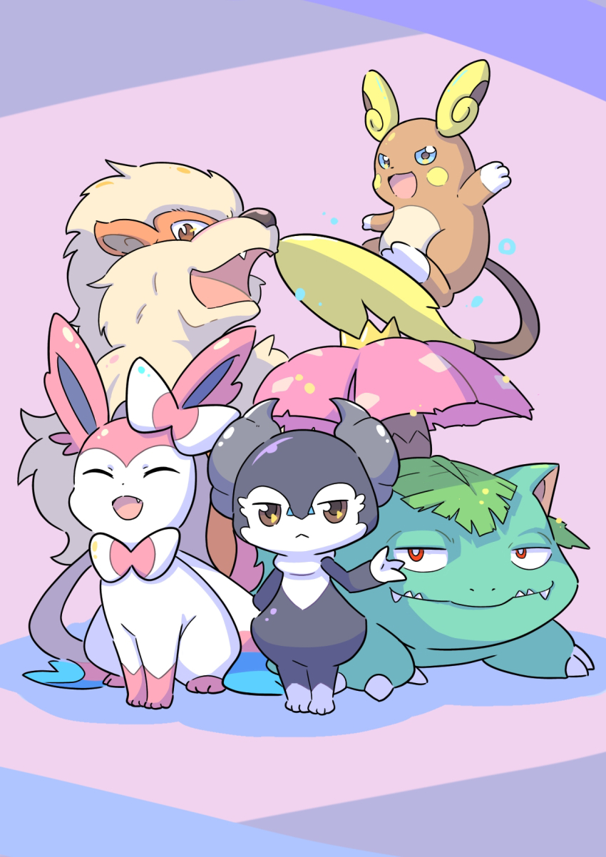 alolan_form alolan_raichu arcanine brown_eyes closed_eyes commentary_request dot_nose gen_1_pokemon gen_6_pokemon gen_7_pokemon gen_8_pokemon highres indeedee nintendo no_humans open_mouth pink_background pokemon pokemon_(creature) rgurei0529 sharp_teeth standing sylveon teeth venusaur