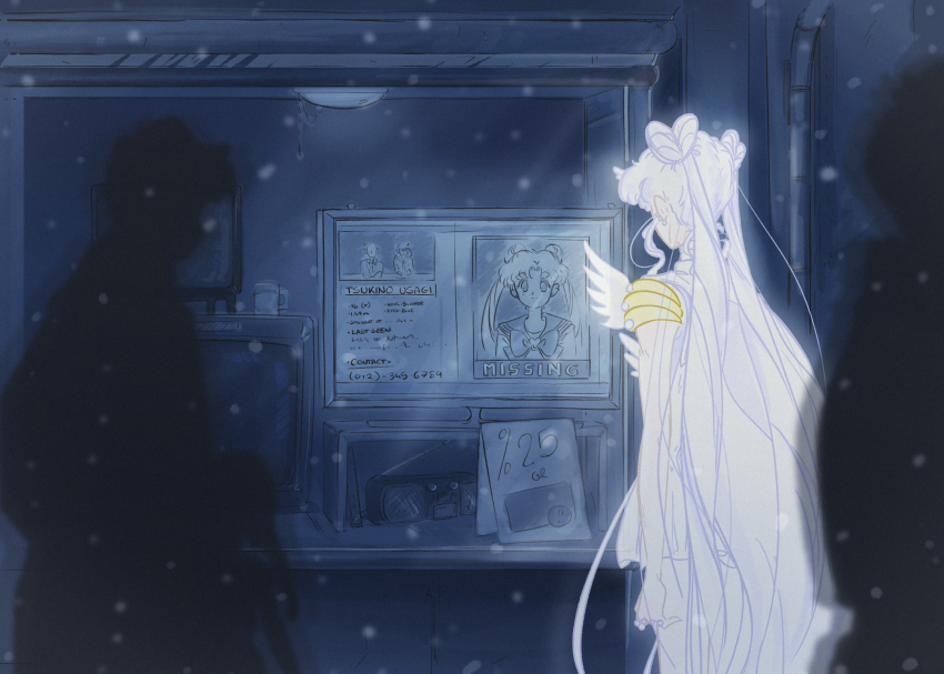 1girl 2others bishoujo_senshi_sailor_moon bishoujo_senshi_sailor_moon_stars commentary double_bun english_commentary hair_bun highres long_hair mercuri0ff multiple_others radio sailor_cosmos snow solo_focus television tsukino_usagi twintails very_long_hair white_hair window