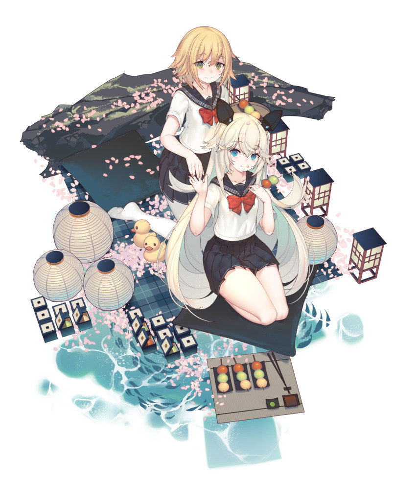 2girls animal_ears aqua_eyes artist_request black_sailor_collar black_skirt blanket blonde_hair bow bowtie box chopsticks closed_mouth collarbone coral_(final_gear) dango eating evelyn_(final_gear) fake_animal_ears final_gear fish floor_lamp food food_on_face full_body green_eyes hair_ornament highres holding holding_hands holding_stick horizontal-striped_sleeves lamp lantern light_blush long_hair looking_at_another mat multiple_girls neck official_art on_pillow paper_lantern pink_petals plaid pleated_skirt red_bow red_bowtie rubber_duck sailor_collar school_uniform seiza serafuku shirt short_hair short_sleeves sidelocks simple_background sitting skirt smile stick striped_collar tachi-e thighhighs third-party_source transparent_background very_long_hair wagashi water white_shirt white_sleeves white_thighhighs
