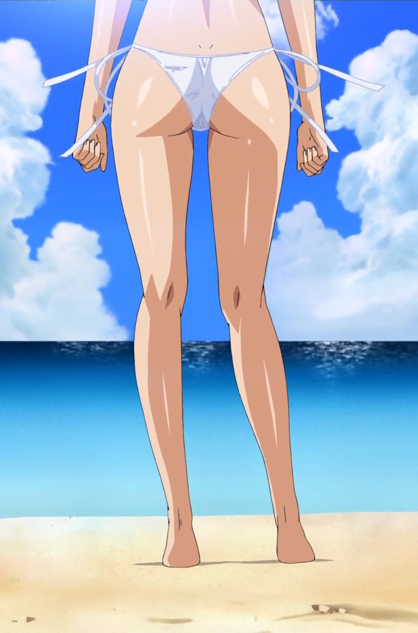 15_bishoujo_hyouryuuki 1girl ass beach bikini day feet from_behind gluteal_fold highres legs lower_body panties shiny_skin solo stitched swimsuit thigh_gap third-party_edit underwear view_between_legs water white_panties yotsuya_kotoko