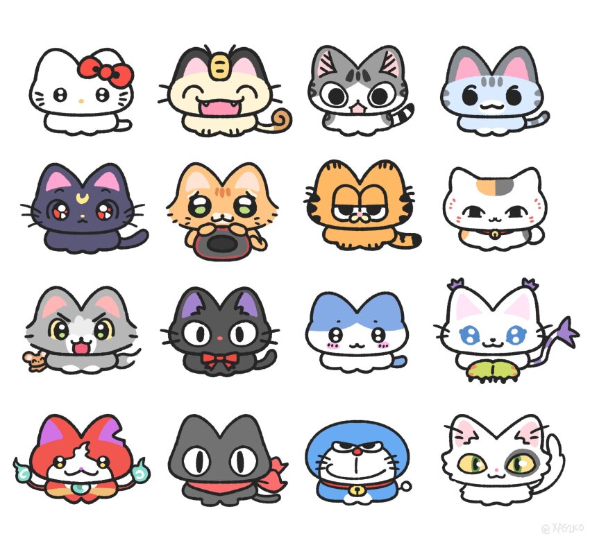 bishoujo_senshi_sailor_moon cat copyright_request digimon digimon_(creature) doraemon doraemon_(character) garfield garfield_(character) gen_1_pokemon gloves hello_kitty hello_kitty_(character) highres jibanyan looking_at_viewer meowth nintendo pokemon pokemon_(creature) sanrio simple_background tail tailmon white_background youkai_(youkai_watch) youkai_watch