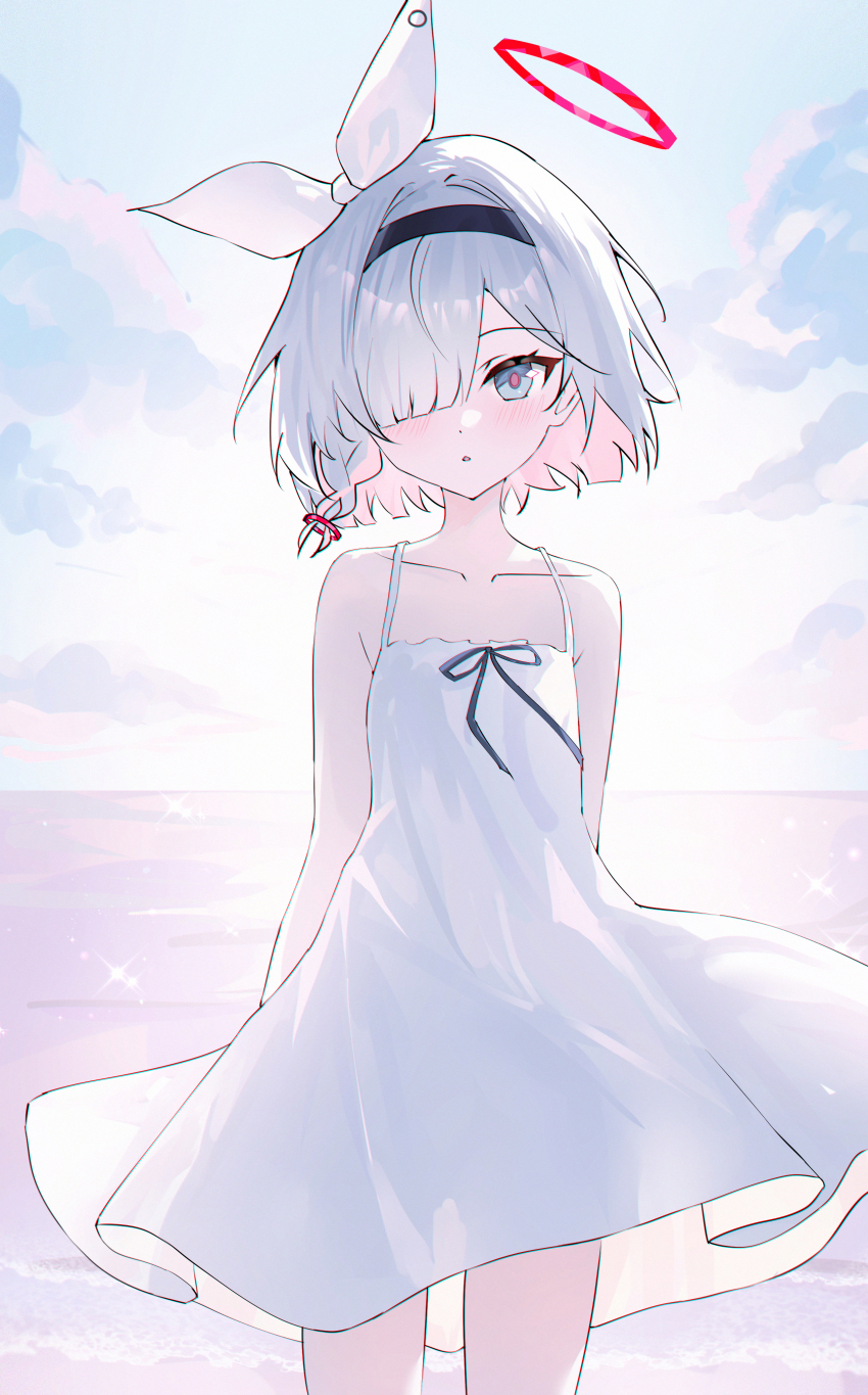 1girl absurdres alternate_costume alternate_hair_length alternate_hairstyle bare_arms bare_shoulders blue_archive colored_inner_hair dress grey_eyes grey_hair hair_over_one_eye highres multicolored_hair parted_lips pink_hair plana_(blue_archive) short_hair sidelocks sleeveless sleeveless_dress solo two-tone_hair usagi_(786113654) white_dress