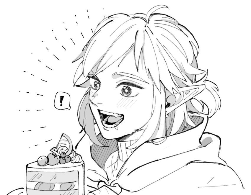 ! 1boy blush cake cake_slice cape commentary_request earrings food fruit greyscale happy highres holding holding_plate jewelry link long_pointy_ears looking_at_food male_focus monochrome nintendo open_mouth piercing plate pointy_ears ponytail saliva short_ponytail simple_background single_earring solo sparkling_eyes speech_bubble spoken_exclamation_mark teeth teto_ten the_legend_of_zelda the_legend_of_zelda:_breath_of_the_wild turtleneck upper_body white_background