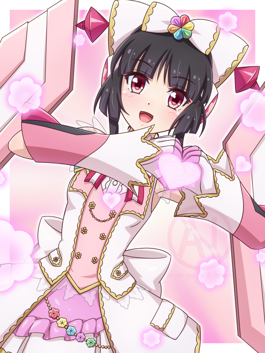 1girl :d black_hair blunt_bangs blush bow breasts dress gradient_background heart heart_hands highres looking_at_viewer open_mouth pink_background pink_eyes senki_zesshou_symphogear small_breasts smile solo tsukuyomi_shirabe upper_body white_background white_bow white_dress yosuzu