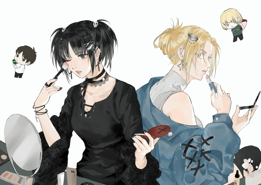 alternate_universe annie_leonhart applying_makeup armin_arlert black_choker black_hair black_nails black_shirt blonde_hair blue_eyes blue_jacket bracelet breasts brown_hair choker cosmetics cross cross_earrings earrings eren_yeager goth_fashion grey_eyes grey_sweater hair_ornament hairclip highres holding holding_lipstick_tube jacket jewelry lipstick_tube long_sleeves medium_breasts medium_hair mikasa_ackerman nail_polish one_eye_closed parted_bangs pink_lips ring shingeki_no_kyojin shirt short_hair short_twintails skull_hair_ornament sleeveless sleeveless_turtleneck star_(symbol) star_earrings sweater turtleneck twintails updo upper_body white_background zhuse_fuxianqing