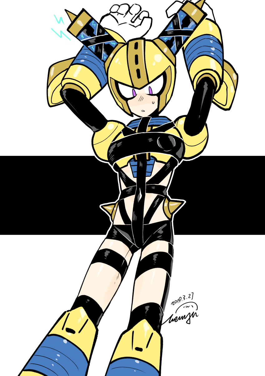 1boy absurdres android armor arms_up black_background bodysuit breastplate covered_navel electricity feet_out_of_frame fuse fuse_man gloves helmet highres joints latex latex_bodysuit looking_down male_focus mega_man_(classic) mega_man_(series) mega_man_11 parted_lips purple_eyes robot robot_joints shoulder_armor simple_background solo solo_focus standing strap strap_gap sweatdrop vambraces wenyu white_background white_gloves yellow_armor yellow_headwear