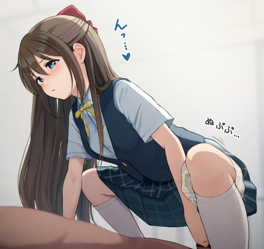 1boy 1girl aroused bar_censor blue_eyes blurry blurry_background blush bow brown_hair censored clothed_female_nude_male commentary_request dark-skinned_male dark_skin girl_on_top guided_penetration hair_between_eyes hair_bow half-closed_eyes heart hetero highres imminent_penetration interracial kneehighs long_hair love_live! love_live!_nijigasaki_high_school_idol_club lying nijigasaki_school_uniform nude on_back osaka_shizuku panties panties_around_leg parted_lips penis_grab school_uniform socks sound_effects spoken_heart squatting summer_uniform tata_(tataice) translated underwear
