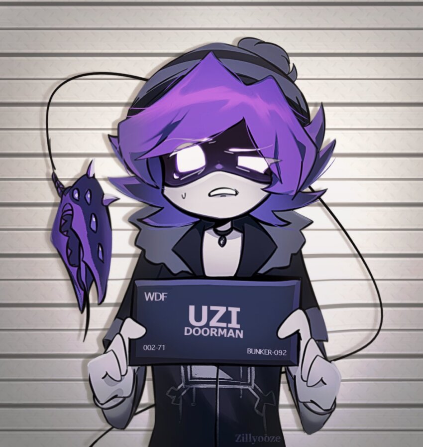 1girl barbie_(franchise) barbie_(live_action) barbie_mugshot_(meme) beanie_hat choker glitch_productions glowing glowing_eyes hat highres holding hood hoodie monster_tail murder_drones purple_eyes purple_hair robot tail uzi_(murder_drones) zillyooze
