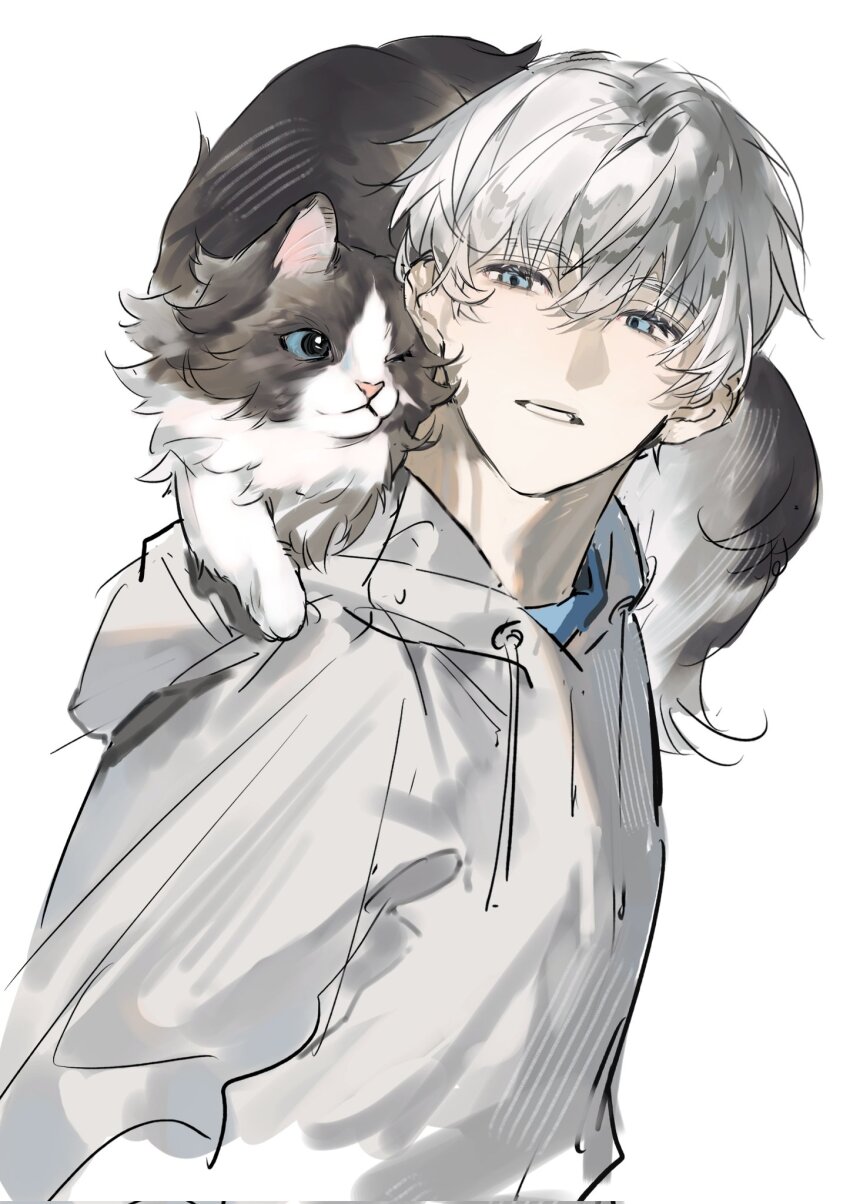 1boy 1other blue_eyes cat eyes_visible_through_hair grey_hair grey_hoodie hair_over_eyes highres hood hoodie looking_at_another love_and_deepspace parted_lips short_hair simple_background teeth white_background whxgvejdjxj xavier_(love_and_deepspace)