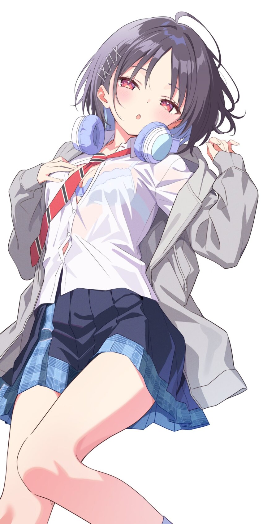 1girl :o black_hair blue_bra blue_skirt blush bra bra_visible_through_clothes breasts button_gap cleavage commentary_request diagonal-striped_clothes diagonal-striped_necktie gakuen_idolmaster grey_jacket hair_ornament hatsuboshi_gakuen_school_uniform headphones headphones_around_neck highres hood hood_down hooded_jacket idolmaster jacket kitano_yukito layered_skirt long_sleeves looking_at_viewer lying mashiro_yu medium_breasts miniskirt multicolored_eyes necktie on_back open_clothes open_jacket open_mouth pleated_skirt red_eyes red_necktie see-through_clothes see-through_shirt shirt short_hair simple_background skirt solo striped_clothes thighs underwear white_background white_shirt x_hair_ornament