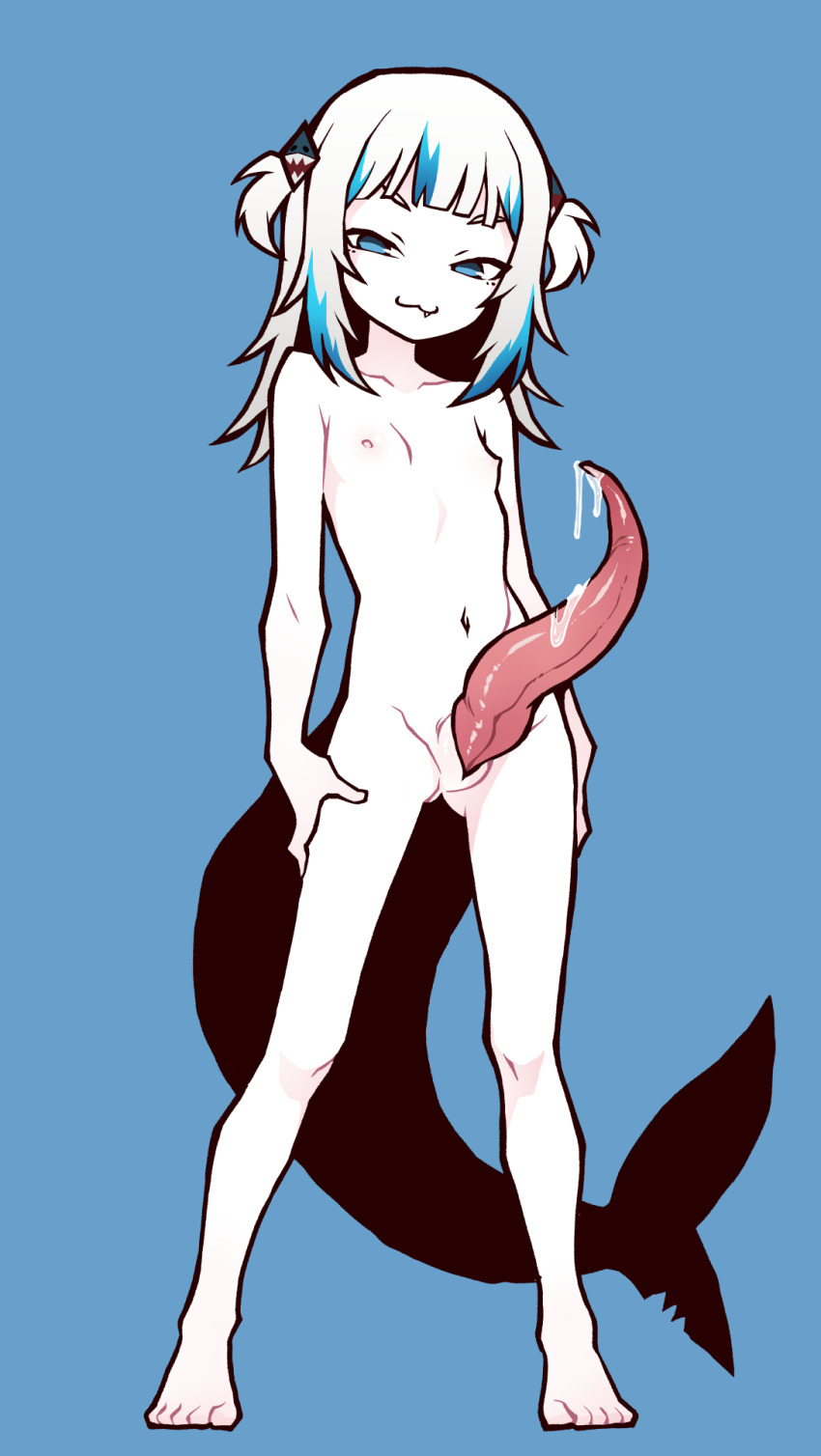 1futa :3 akableak animal_penis blue_background blue_eyes blue_hair completely_nude fins fish_tail flat_chest full_body futanari gawr_gura hair_ornament highres hololive hololive_english large_penis loli looking_at_viewer multicolored_hair navel nipples nude penis shark_tail simple_background solo streaked_hair tail toes virtual_youtuber