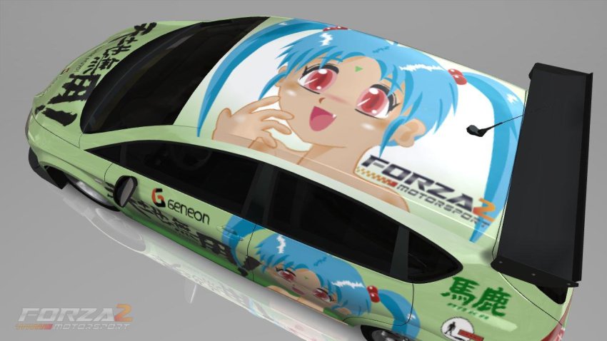 1girl 3d aic blue_hair car fang forza forza_motorsport_2 from_above geneon green_car hair_bobbles hair_ornament masaki_sasami_jurai motor_vehicle red_eyes reflection simple_background sonnano_ari tenchi_muyou! twintails wheel