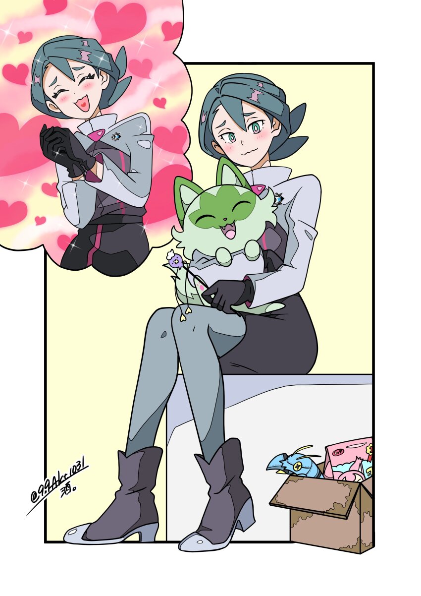 1girl 99akt1031 absurdres black_gloves blush boots box bright_pupils cardboard_box character_doll character_print clauncher closed_mouth doll gen_3_pokemon gen_6_pokemon gloves green_eyes green_hair grey_pantyhose heart high_heel_boots high_heels highres holding jacket long_sleeves looking_down nintendo onia_(pokemon) pantyhose pokemon pokemon_(anime) pokemon_(creature) pokemon_horizons sitting skirt skitty smile sprigatito twitter_username white_pupils