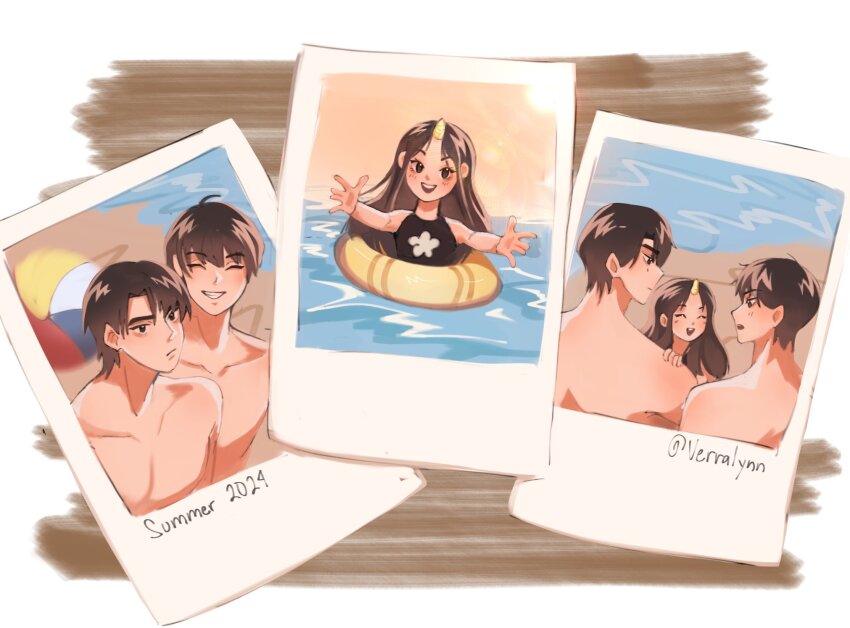 1girl 2boys beach biyoo_(omniscient_reader&#039;s_viewpoint) black_eyes black_hair grin hand_on_another&#039;s_shoulder highres kim_dokja lifebuoy multiple_boys no_shirt ocean omniscient_reader&#039;s_viewpoint outstretched_arms pectorals personification photo_(object) short_hair smile swim_ring upper_body verralynn water yoo_joonghyuk