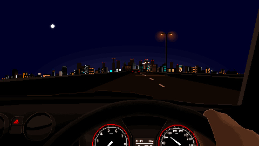 1other animated animated_gif building car car_interior city city_lights driving full_moon lamppost looping_animation moon motor_vehicle night original pixel_art pov pov_hands road satou_oyasumi sky skyscraper speedometer steering_wheel
