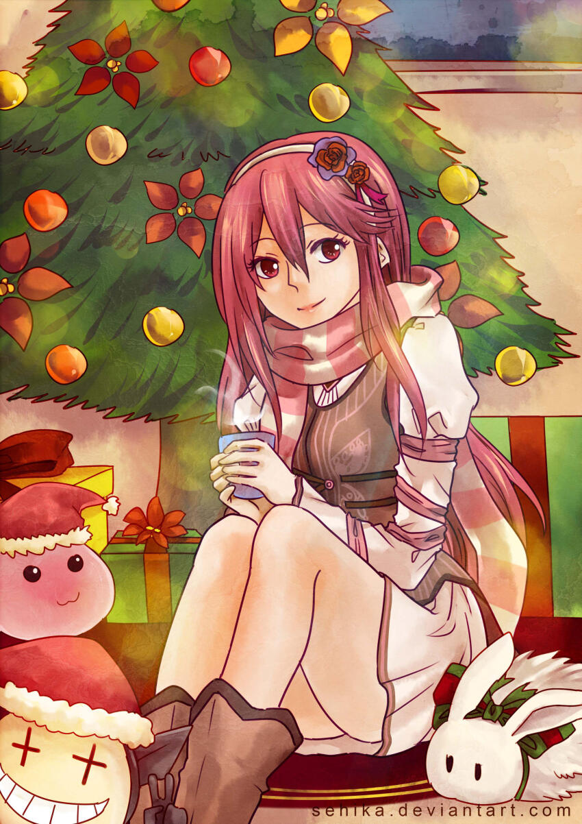 1girl :3 absurdres boots box brown_boots brown_vest champourado christmas christmas_tree closed_mouth commentary cup english_commentary feet_out_of_frame flower game_master_(ragnarok_online) gift gift_box goblin_(ragnarok_online) hair_flower hair_ornament hat highres indoors long_hair looking_at_viewer lunatic_(ragnarok_online) mug pink_hair poring rabbit ragnarok_online red_eyes red_flower red_hat red_rose rose santa_hat sitting slime_(creature) smile solo vest
