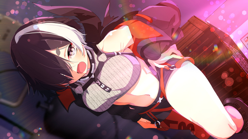 1girl absurdres asymmetrical_clothes bare_shoulders black_hair black_jacket black_shoes black_shorts blush boots breasts commission crop_top fang grey_eyes hair_over_one_eye highres indoors jacket large_breasts lens_flare long_sleeves looking_at_viewer midriff multicolored_hair nail_polish navel off_shoulder open_clothes open_jacket open_mouth original purple_eyes red_nails shiro9jira shirt shoes short_eyebrows short_hair shorts single_leg_pantyhose single_pantsleg single_thighhigh skeb_commission skin_fang sleeveless solo standing streaked_hair thick_eyebrows thighhighs two-tone_hair white_hair