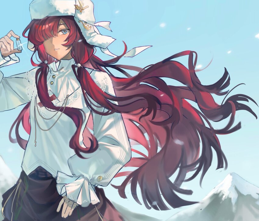 1girl blue_eyes blue_sky bottle day fishnet_gloves fishnets floating_hair fu_erjinzhi gloves hair_over_one_eye hand_up hat highres holding holding_bottle long_hair looking_at_viewer mountain one_eye_covered outdoors parted_lips red_hair red_skirt reverse:1999 shirt skirt sky snow snowing solo upper_body ushanka very_long_hair white_gloves white_hat white_shirt yenisei_(reverse:1999)