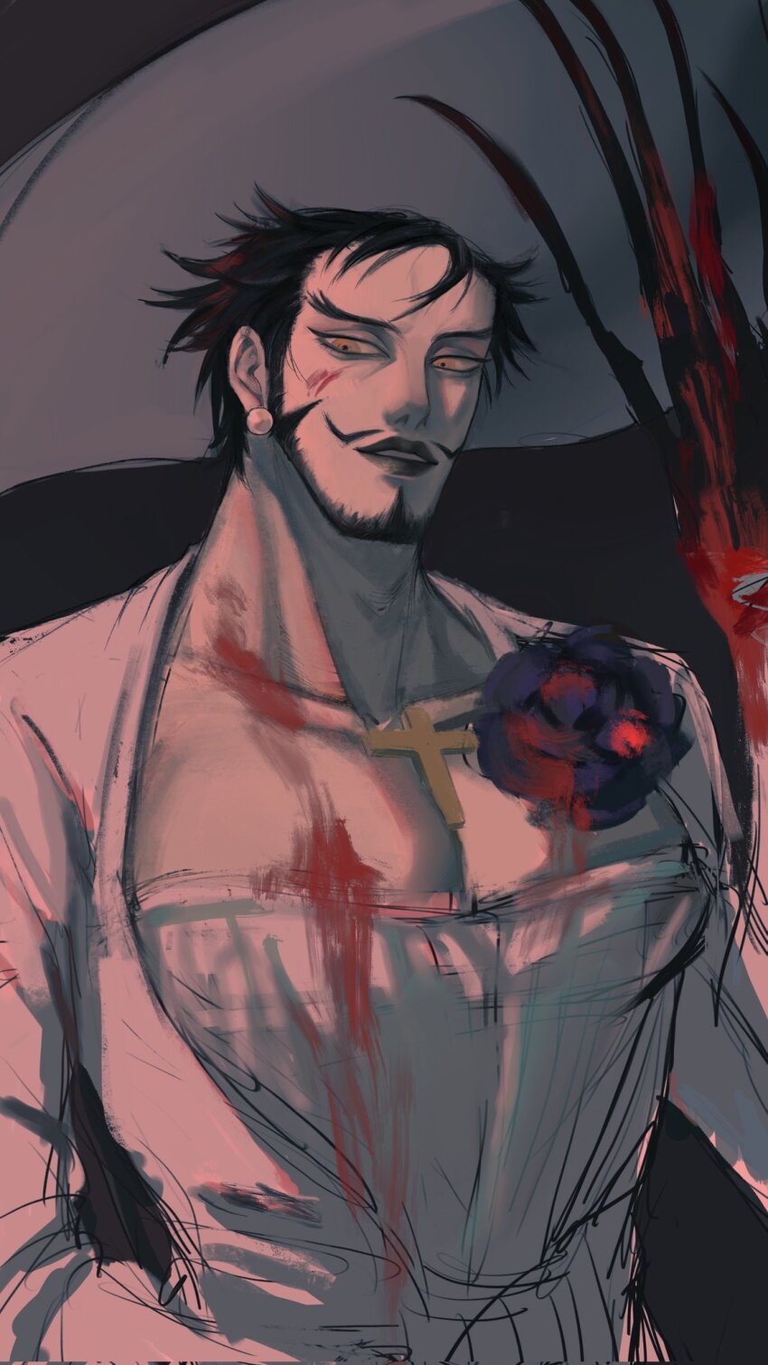 1boy aalto_(aaltoxuecheng) bara beard between_pectorals black_hair blood blood_on_clothes blood_on_face corrupted_twitter_file cosplay_request cross crossdressing crossdressing_(mtf) dracule_mihawk facial_hair flower_on_chest highres huge_claws large_hat large_pectorals looking_at_viewer male_focus muscular muscular_male mustache one_piece parted_lips pectoral_cleavage pectorals short_hair solo thick_eyebrows thick_lips upper_body