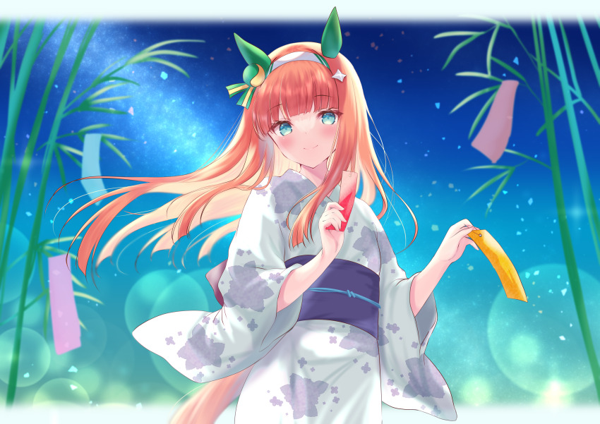 1girl absurdres animal_ears bamboo blush chickenbstrip commentary_request cowboy_shot ear_covers green_eyes hairband highres holding holding_tanzaku horse_ears horse_girl horse_tail japanese_clothes kimono letterboxed long_hair long_sleeves looking_at_viewer milky_way night night_sky orange_hair outdoors silence_suzuka_(umamusume) sky smile solo star_(sky) star_(symbol) star_print starry_sky tail tanabata tanzaku umamusume white_hairband white_kimono wide_sleeves yukata