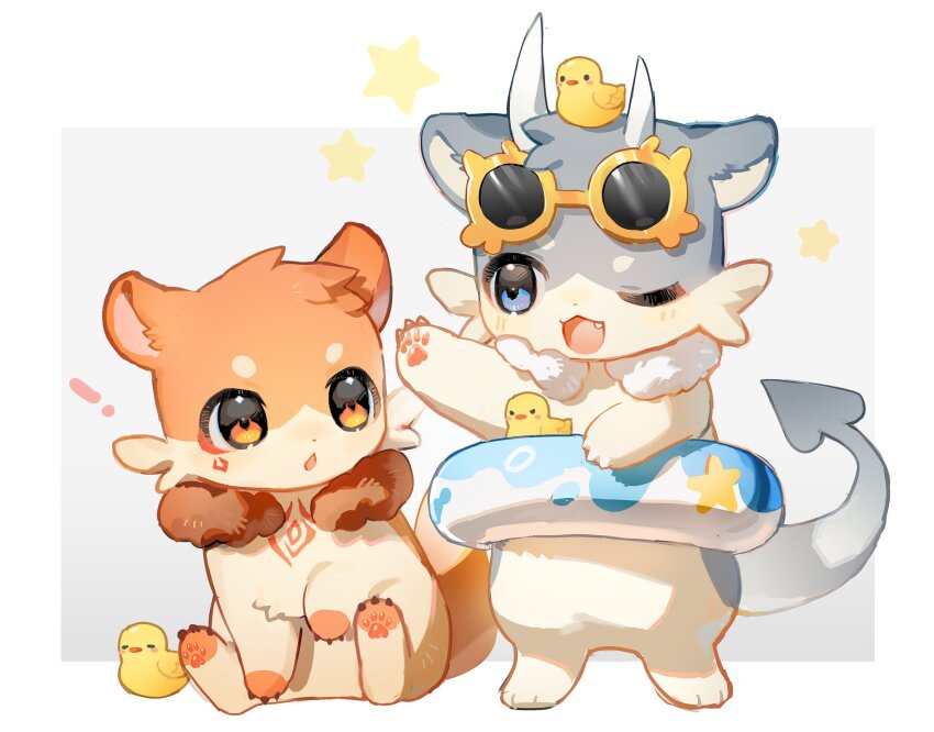 ! 2boys animal_hands animalization blue_eyes border chimera_(honkai:_star_rail) chinese_commentary claws commentary_request eyewear_on_head grey_background highres holding holding_swim_ring honkai:_star_rail honkai_(series) horns innertube looking_at_another male_focus multiple_boys mydei_(honkai:_star_rail) one_eye_closed orange_eyes phainon_(honkai:_star_rail) rubber_duck standing star_(symbol) suirandanshihao swim_ring white_border