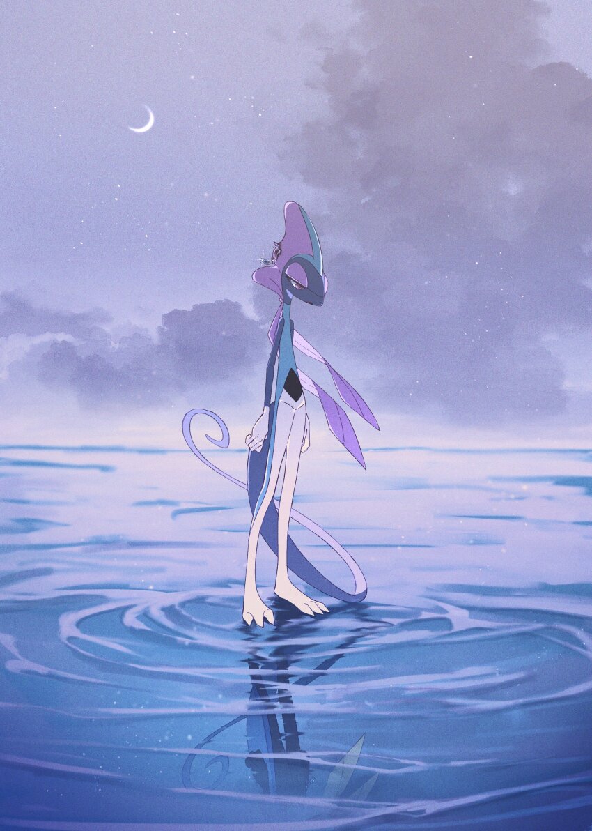 absurdres alternate_color aya_(ayamenora) blue_gemstone clothed_pokemon cloud cloudy_sky colored_skin crescent_moon different_reflection eyeshadow fin_piercing fins full_body gem gen_8_pokemon glint gloves half-closed_eyes head_fins highres inteleon jewelry lizard_tail looking_at_reflection looking_down makeup moon multicolored_skin night night_sky nintendo no_humans official_alternate_color open_mouth piercing pokemon pokemon_(creature) pokemon_focus purple_eyeshadow purple_skin reflection reflective_water ripples shiny_and_normal shiny_pokemon sky solo standing standing_on_liquid star_(sky) tail two-tone_skin water white_gloves