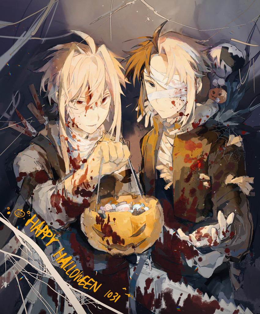 2boys absurdres ahoge bandage_over_one_eye bandaged_chest bandages black_eyes black_hair black_jacket blonde_hair blood blood_on_clothes blood_on_face blood_on_gloves bloody_bandages bucket closed_mouth curtained_hair dated english_text gloves hair_intakes halloween_bucket happy_halloween highres holding holding_bucket jacket lei_renqun_xing_shanyao_shi male_focus multicolored_hair multiple_boys mutsushika_misumi nijou_ryuu open_clothes open_jacket parted_bangs red_eyes saibou_shinkyoku shirt short_hair short_hair_with_long_locks split-color_hair two-tone_hair white_shirt yellow_gloves
