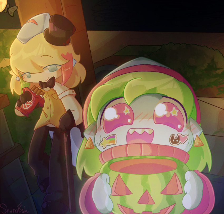 bill_cipher bill_cipher_(cosplay) blush blush_stickers bow bowtie bug cosplay fins fish_tail food fruit furry gravity_falls halloween halloween_bucket halloween_costume hat insect mabel_pines mabel_pines_(cosplay) miru_(shiirafish) moth night night_sky pov shark shark_girl shark_tail sharp_teeth shiira_(shiirafish) shiirafish sky sticker_on_face tail teeth top_hat tuxedo watermelon